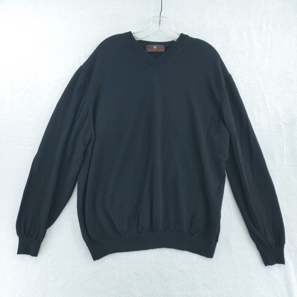 Toscano Men's Sweater XL Black V-Neck 100% Extra Fine Merino Wool Made In Italy